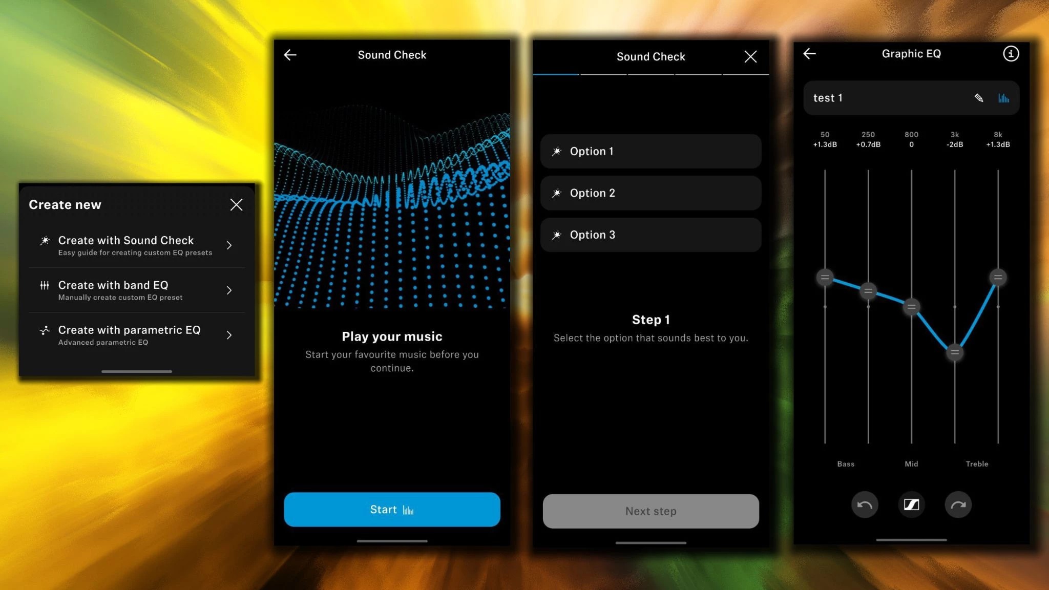 Three sound options are offered several times, from which you choose the one you like the most. The result is the creation of an individual 5-band equalizer, tailored to your preferences.