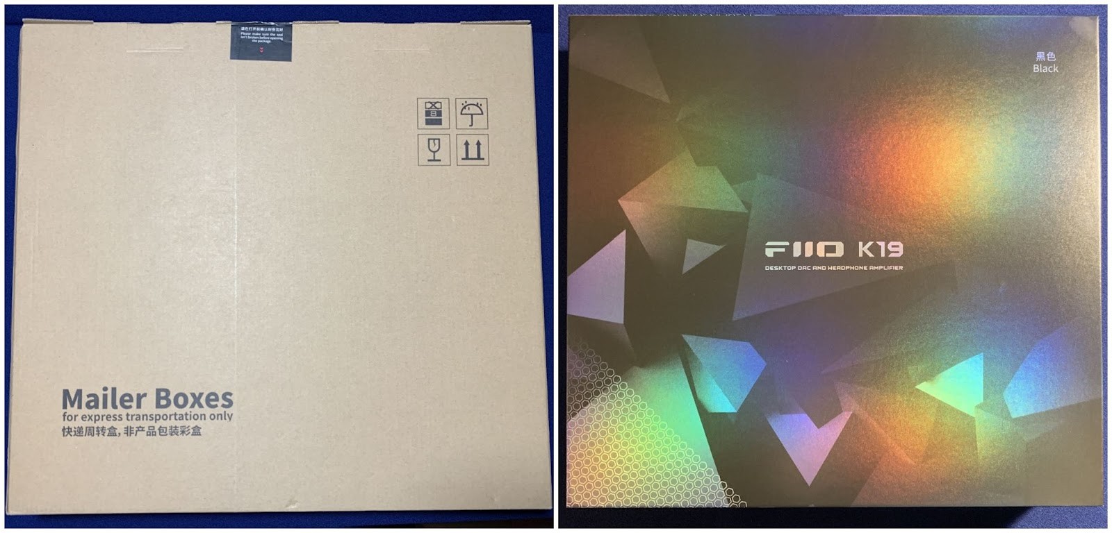 The FiiO K19 comes in a large and flat box, or rather in two boxes: a shipping box (made of regular cardboard with a FiiO seal) and the main one - a beautiful box made of hard and thick cardboard.