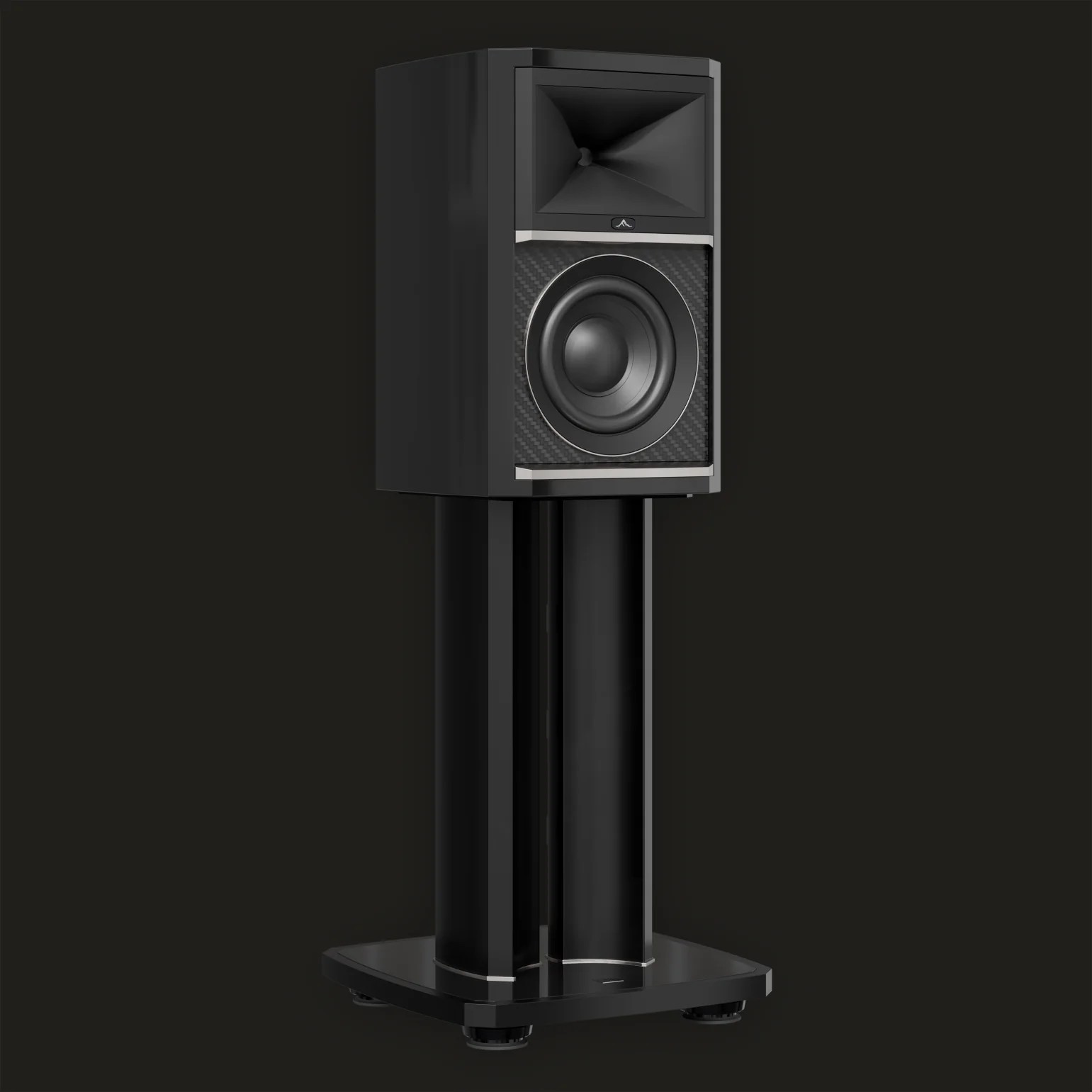 The JBL Summit Ama utilizes proprietary 38mm D2815K dual-range compression drivers and a 200mm HC4 horn-loaded woofer with a three-layer carbon fiber sandwich cone (carbon fiber and cellulose surfaces bonded with a foam core) and a cast frame.